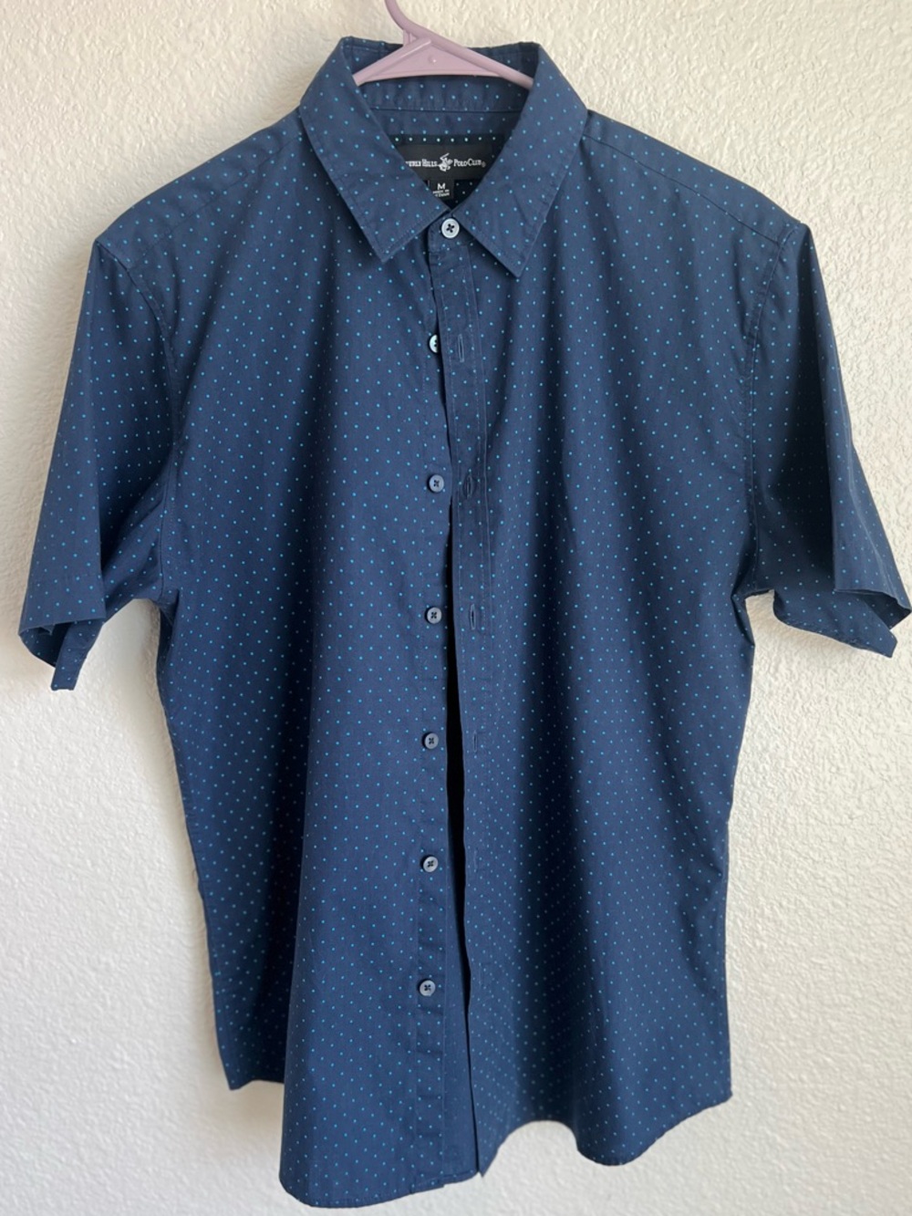 Beverly Hills Polo Club Navy Short-Sleeve Button-Down with Light Blue Microdots